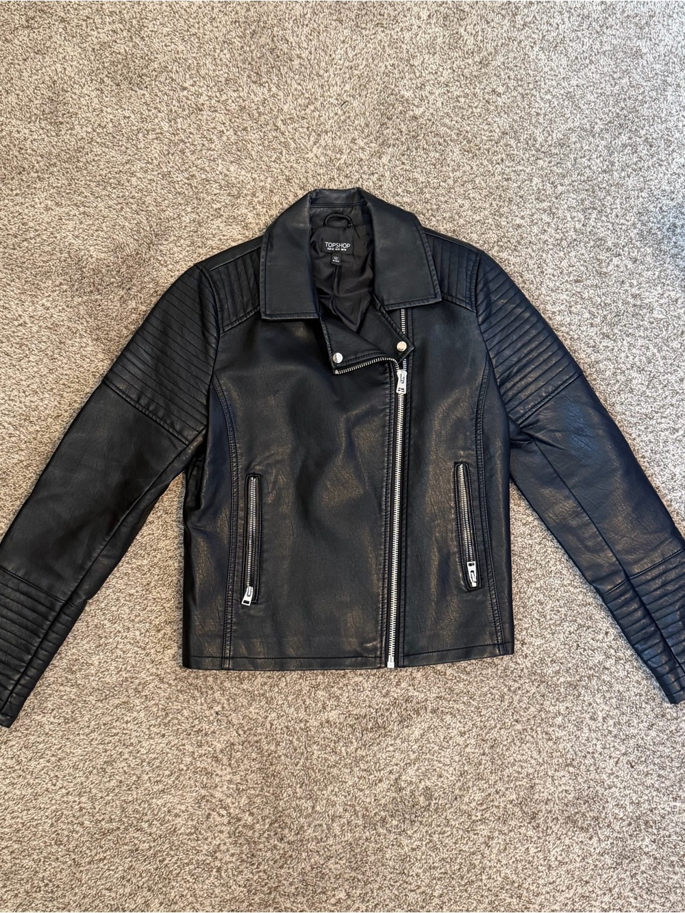 Topshop Black Faux Leather Quilted-Sleeve Biker Jacket